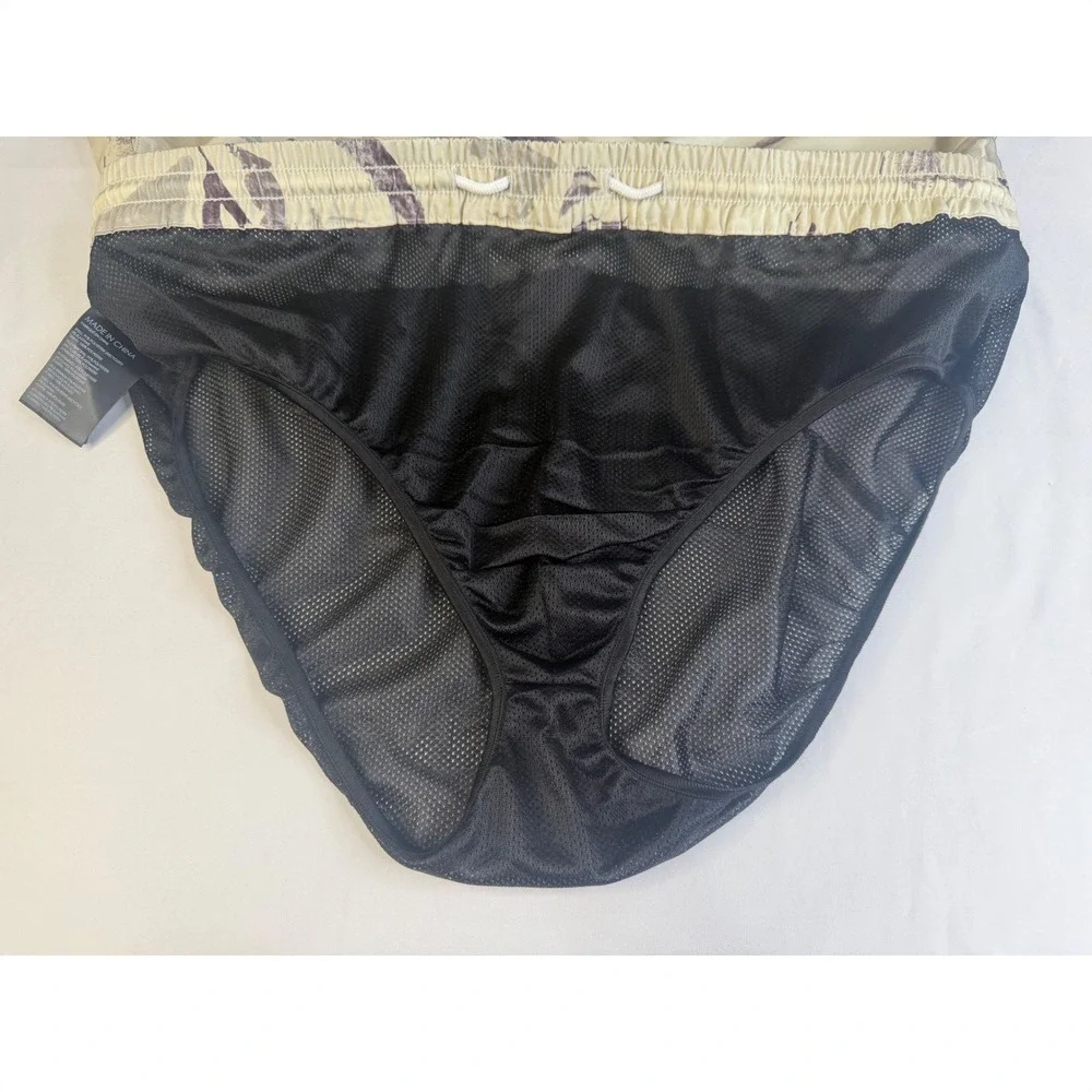 Club Monaco Mens XXL Abstract Print Swim Trunks Cream Grey Drawstring Mesh Liner